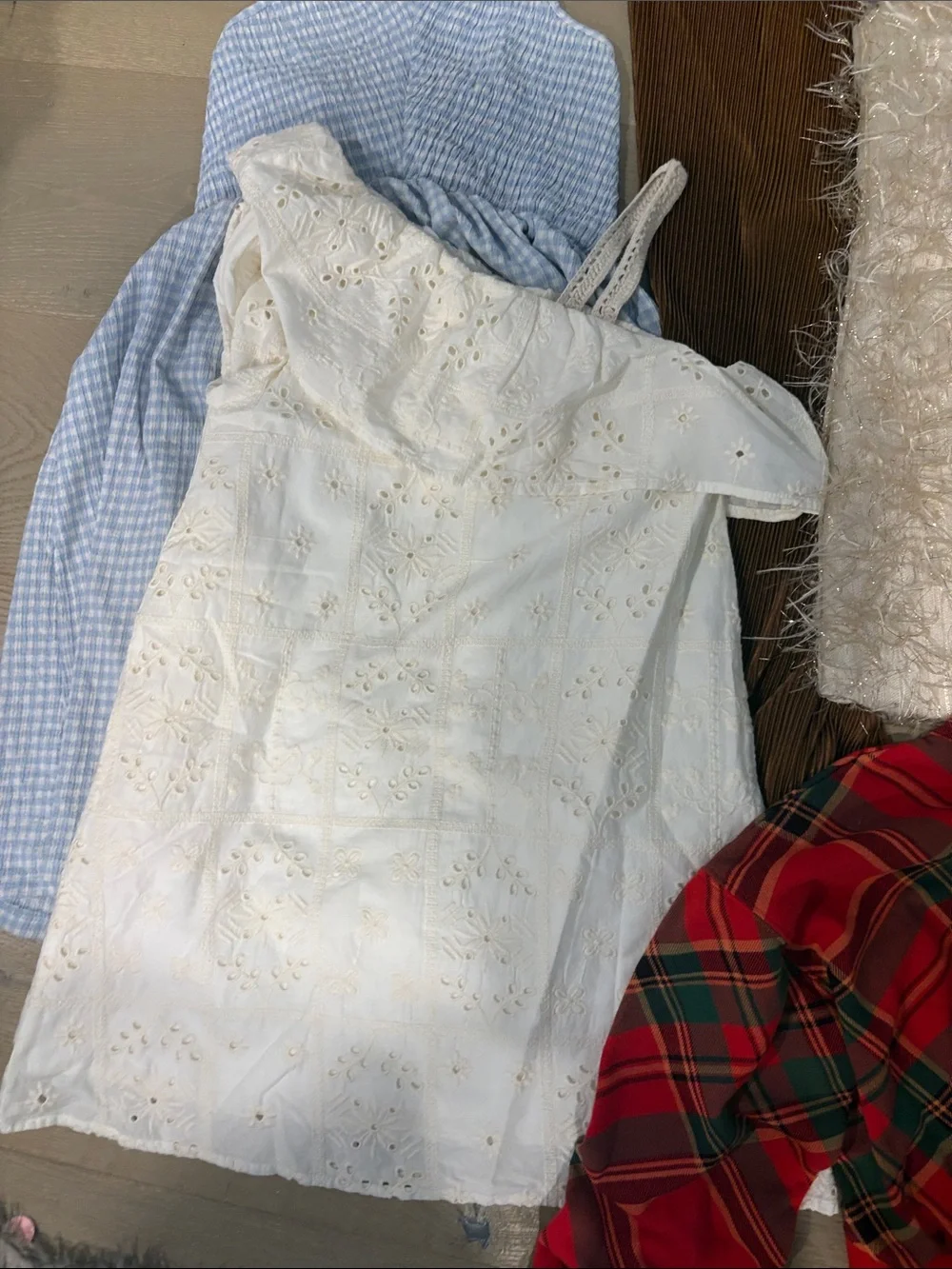 Mixed Dress & Top Bundle - White Eyelet, Blue Gingham, holiday pieces (5 items)